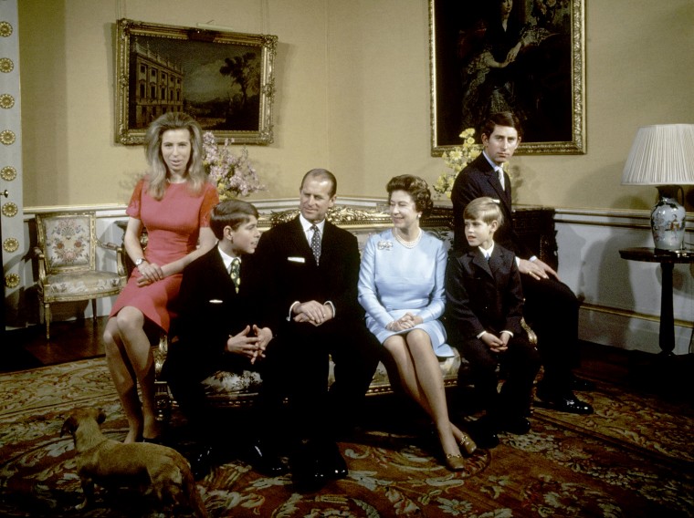 Image: Princess Anne, Prince Andrew, Prince Philip, Queen Elizabeth, Prince Edward and Prince Charles at Buckingham Palace, London, on Nov. 20, 1972