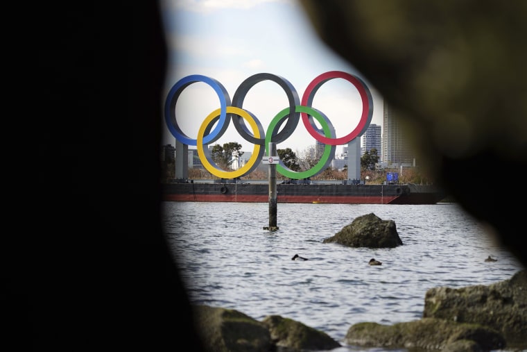 Image: The Olympic rings floating in the water is seen though rocks in the Odaiba section