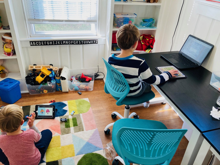 Nichelson's two children, 4 and 6, remote learning at home.