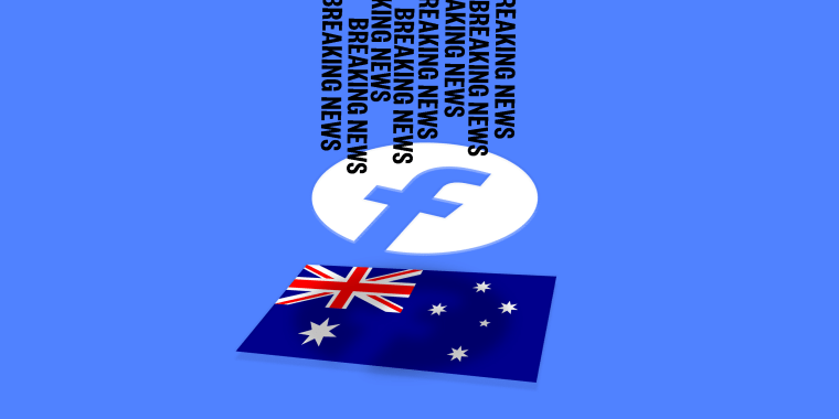 Illustration of the facebook icon hovering over the flag of Australia blocking streams of text that read,\"Breaking News\".