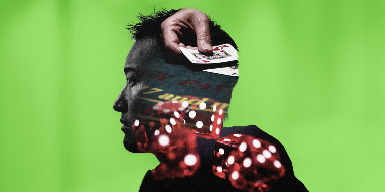 Image: Illustration shows the silhouette of a man with rolling red dice and a hand holding playing cards inside his head.