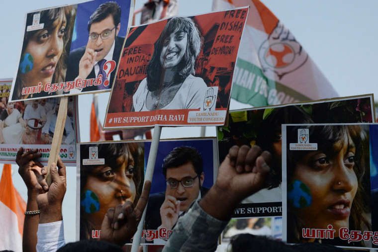 Image: Members of the Indian Youth Congress hold pictures of activist Disha Ravi after her arrest by Delhi police for her alleged involvement in the instigation of violence during the farmers protest on India's Republic Day, in Chennai