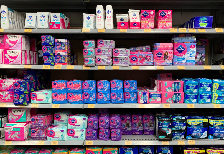Image: Women's sanitary products are seen on the shelves inside a supermarket in Mexico City