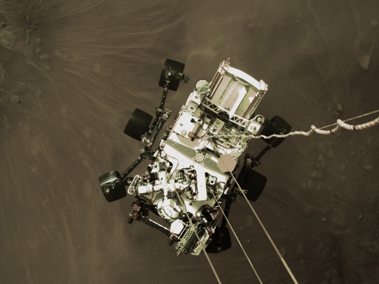 Perseverance, a car-sized robotic explorer that will search for traces of ancient microbial life and collect what could be the first rocky samples from Mars that are sent back to Earth, moments before wheels touched down on the red planet on Feb. 18, 2021.