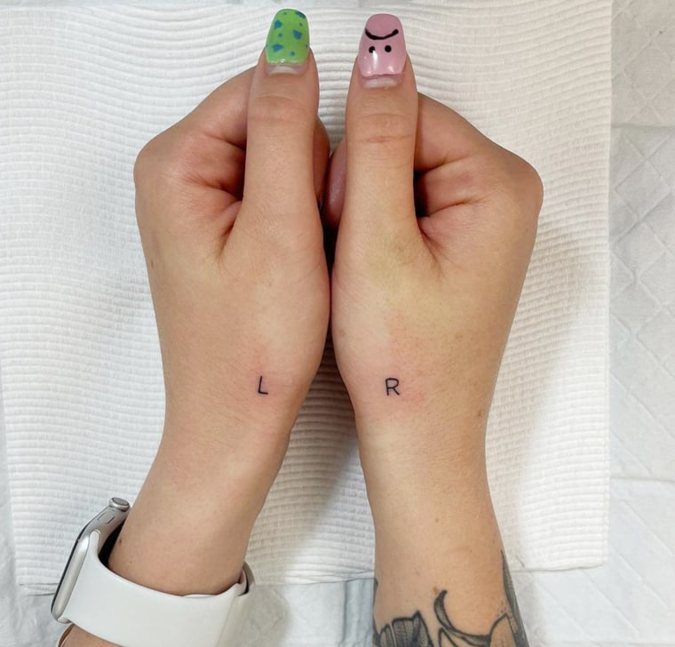 The "L" and "R" tattoos on a woman's hands are meant to help her distinguish left from right.