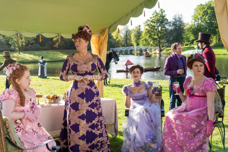 Coughlan (l.) with co-stars Polly Walker (Portia), Harriet Cains (Phillipa), Ben Miller (Lord Featherington) and Bessie Carter (Prudence). 