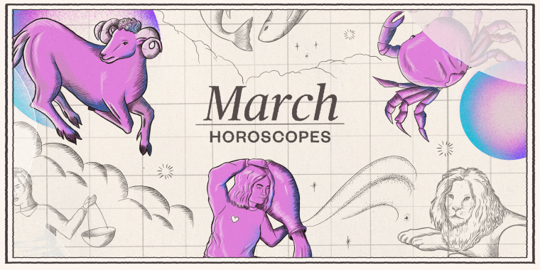 Drawn illustration of zodiac signs that reads "March Horoscopes"