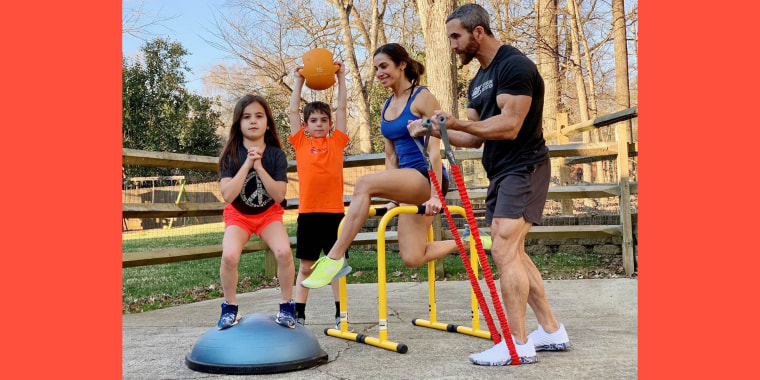 The Sklars encourage their kids to join them in their home gym on weekends.
