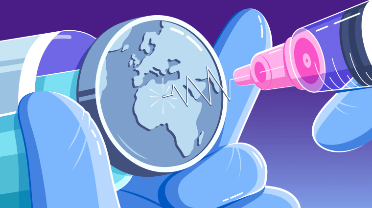 Image: Illustration shows a hand holding a vial with a world map on the the cap as a syringe bends while trying to puncture it.