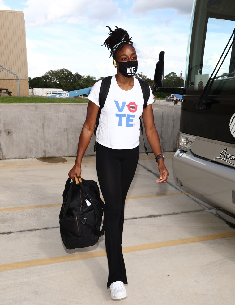Nneka Ogwumike #30 of the Los Angeles Sparks arrives prior to a game against the New York Liberty on Sept. 8, 2020 at Feld Entertainment Center in Palmetto, Fla.