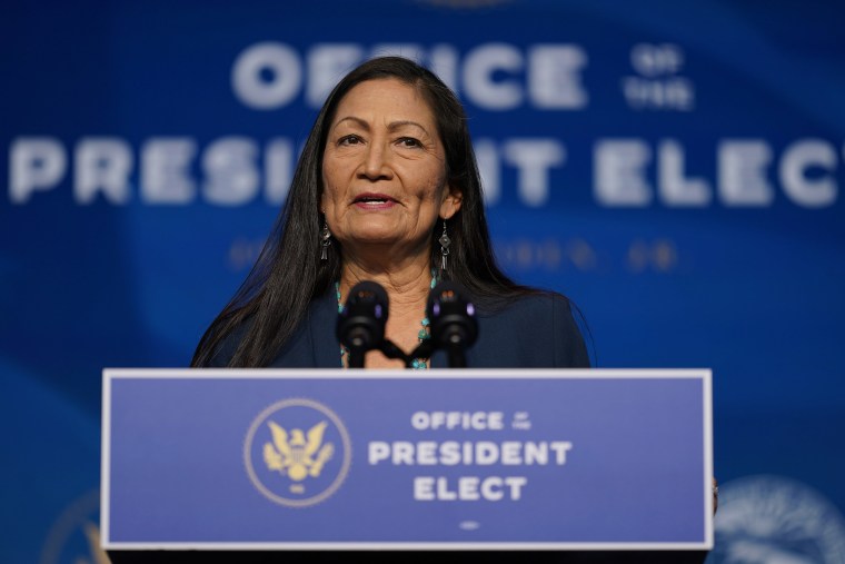 Image: The Biden administration's nominee for Secretary of Interior, Rep. Deb Haaland, D-N.M., speaks at The Queen Theater in Wilmington Del.