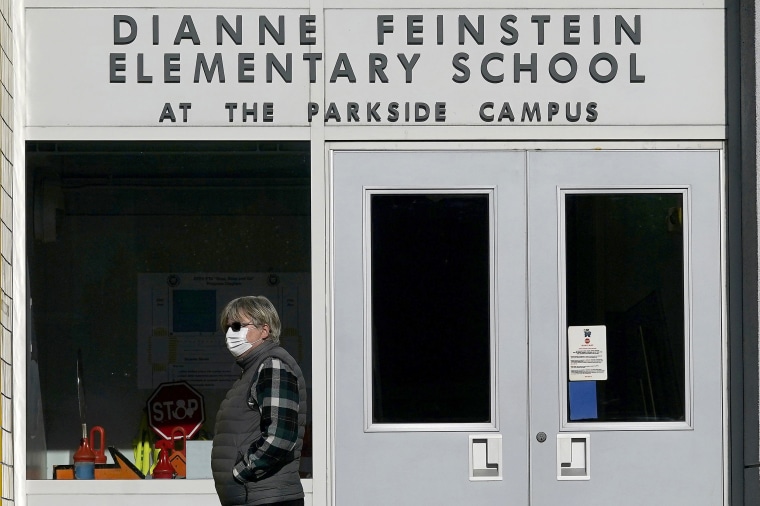 Image: A pedestrian walks below a sign for Dianne Feinstein Elementary School in San Francisco, on Dec. 17, 2020.