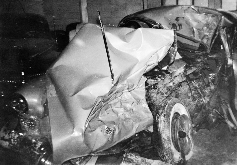 The wreckage of the 1949 Cadillac golfer Ben Hogan was driving when he was in a collision with a bus near Van Horn, Texas, Feb. 2, 1949 while en route to his home in Fort Worth.