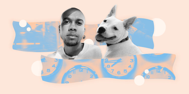 Image: Photo illustration shows the author and his dog, with banners that show scenes on the subway and a row of clocks on a wall.