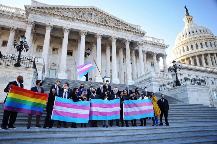 Image: Democratic members of the U.S. House of Representatives pose for a photograph holding LBGT+ and Transgender Pride flags on the steps of the U.S. Capitol ahead of a vote on the Equality Act on Capitol Hill in Washington
