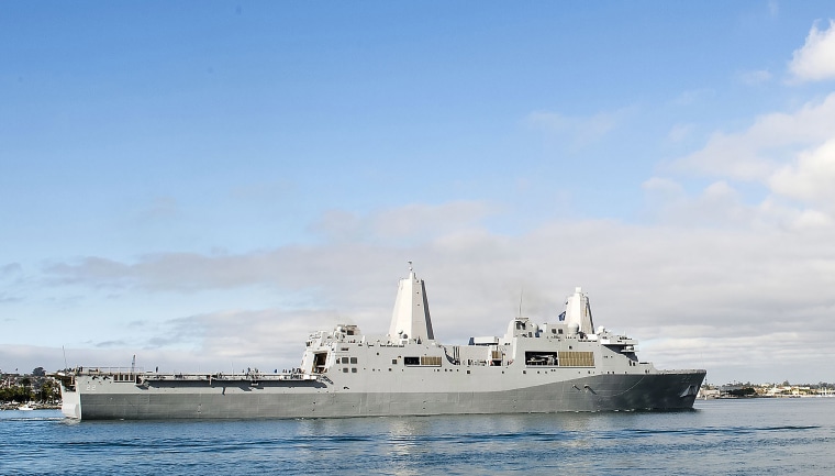 Image: The amphibious transport dock ship USS San Diego sails in San Diego Bay, Calif.