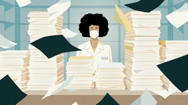 Illustration of pharmacist standing in empty pharmacy with piles of paperwork surrounding her.
