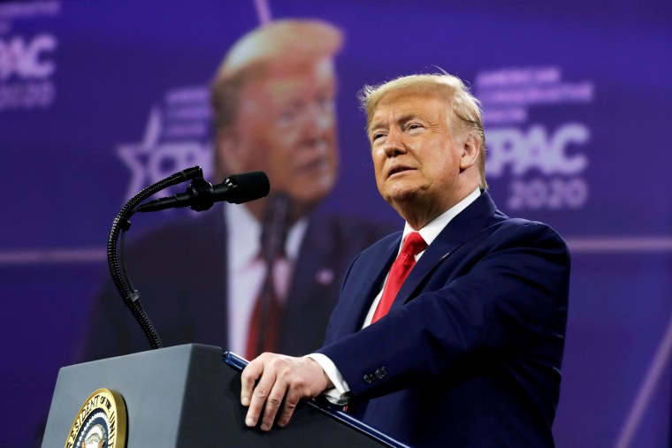 President Donald Trump addresses the Conservative Political Action Conference in Oxon Hill, Md., on Feb. 29, 2020.