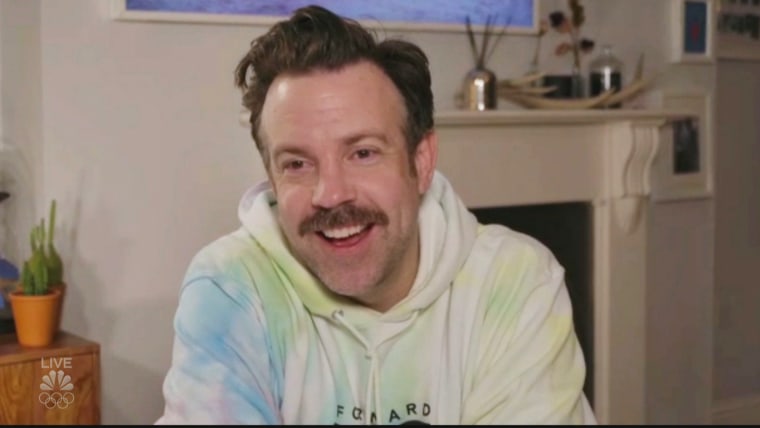 Jason Sudeikis speaks remotely after winning the award for best comedy actor for his role in \"Ted Lasso\" at the Golden Globes on Feb. 28, 2021.