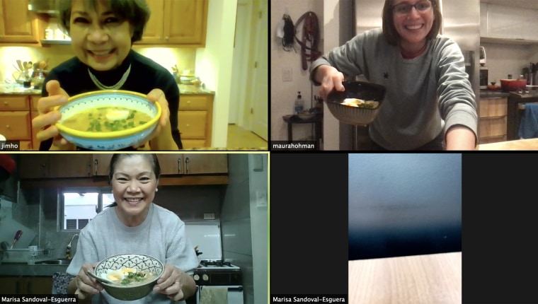 My mom (top left), Tita Marssa (bottom left) and I show off our finished bowls of lugaw.