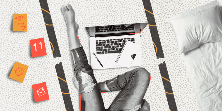 Illustration of woman sitting next to a laptop and near her bed with tape in between