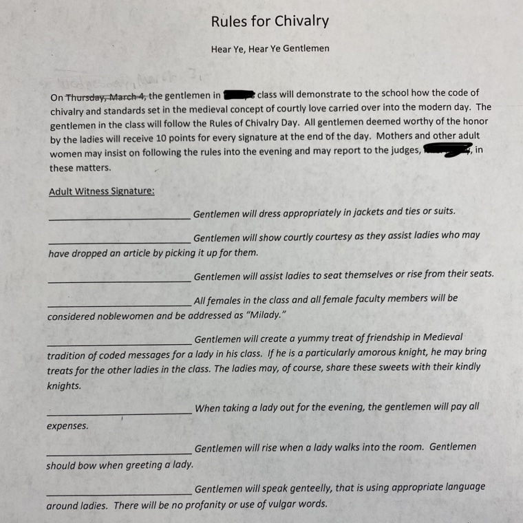 Males in the English class also got a chivalry assignment of their own.