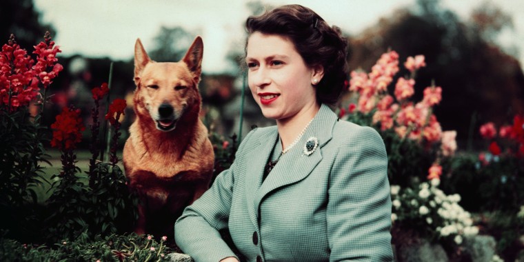 Queen Elizabeth in Garden with Dog