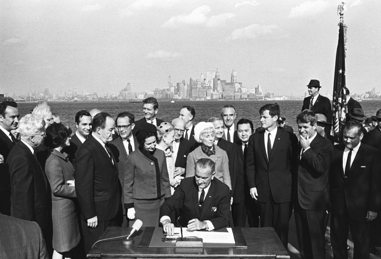 President Johnson Signing Immigration Bill on Liberty Island