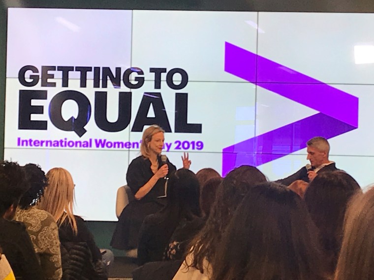 Stacey Jones, managing director of corporate communications and global media relations at Accenture, speaking at an International Women's Day event in 2019.