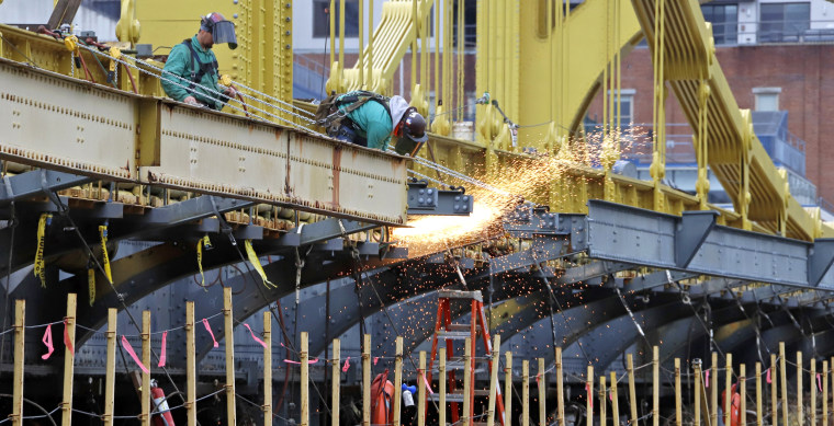 Image: worker welds on the Ninth Street bridge in Pittsburgh