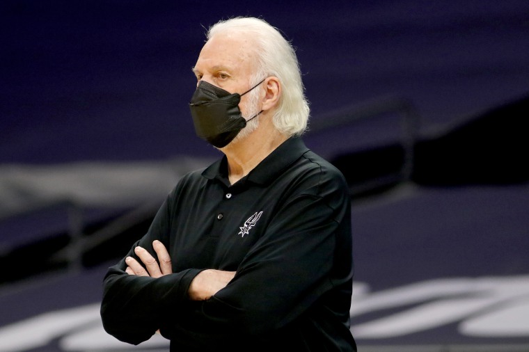 Gregg Popovich of the San Antonio Spurs coaches against the Charlotte Hornets on Feb. 14, 2021 at Spectrum Center in Charlotte, N.C.