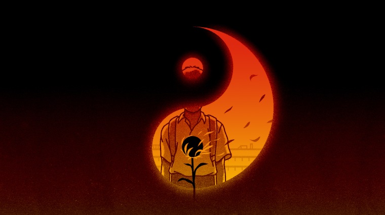 Illustration of boy standing inside the yin and yang symbol, as the yin side of the symbol engulfs the frame.