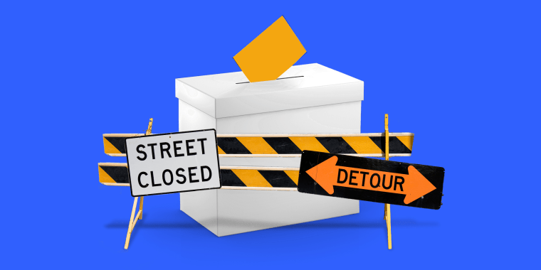 Photo illustration of a ballot box surrounded by barriers. Signs on the barrier read,\"Road closed\" and \"Detour\".