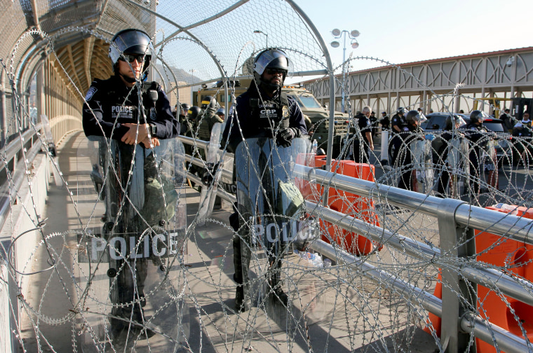 U.S. Customs and Border Protection Office agents and Border Patrol agents participate in an operative to find illegal migrants at the International Bridge Paso del Norte-Santa Fe in Ciudad Juarez, Chihuahua State, Mexico on July 1, 2019.