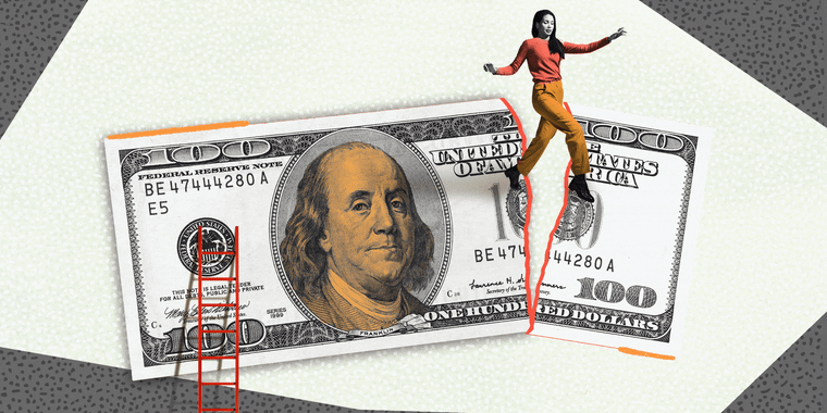 Illustration of woman jumping on broken bill