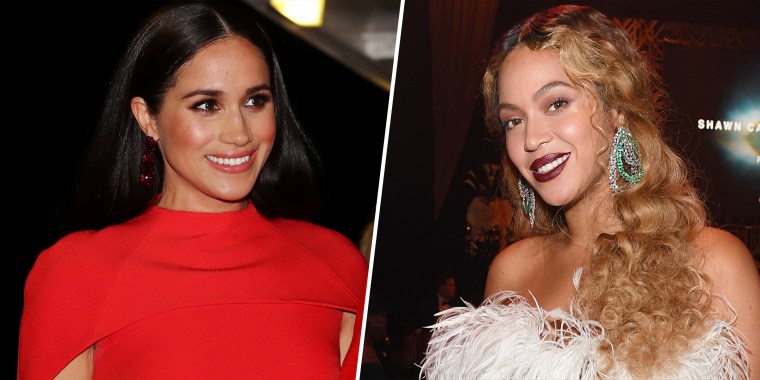 (Left) Meghan Markle smiles in a red dress. (Right) Beyonce smiles in a light-colored feathery dress.