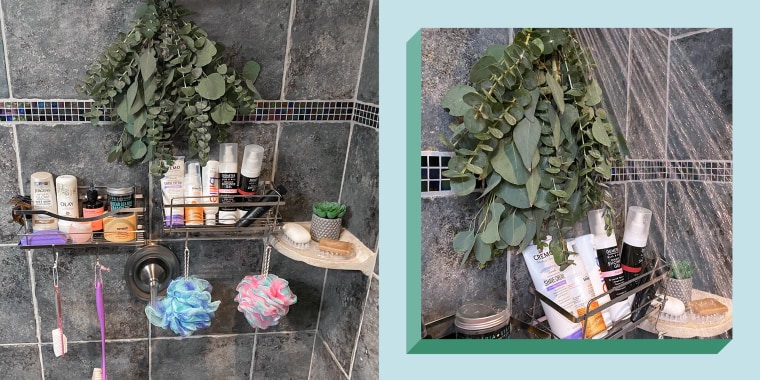 Illustration of the KINCMAX Shower Caddy Bathroom Shelf filled with products and eucalyptus leaves hanging over shower