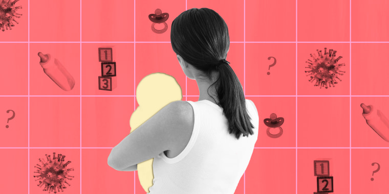 Photo-illustration of woman holding the shape of a baby with question marks around her
