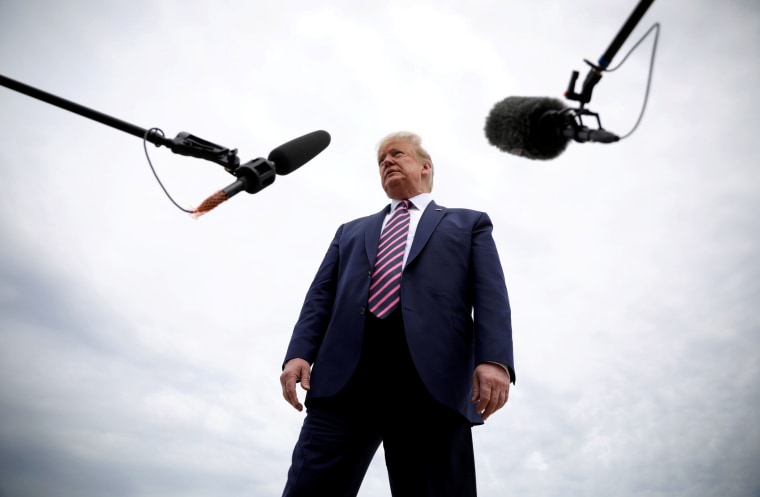 Image: President Donald Trump speaks to reporters as he departs Washington at Joint Base Andrews on May 5, 2020.