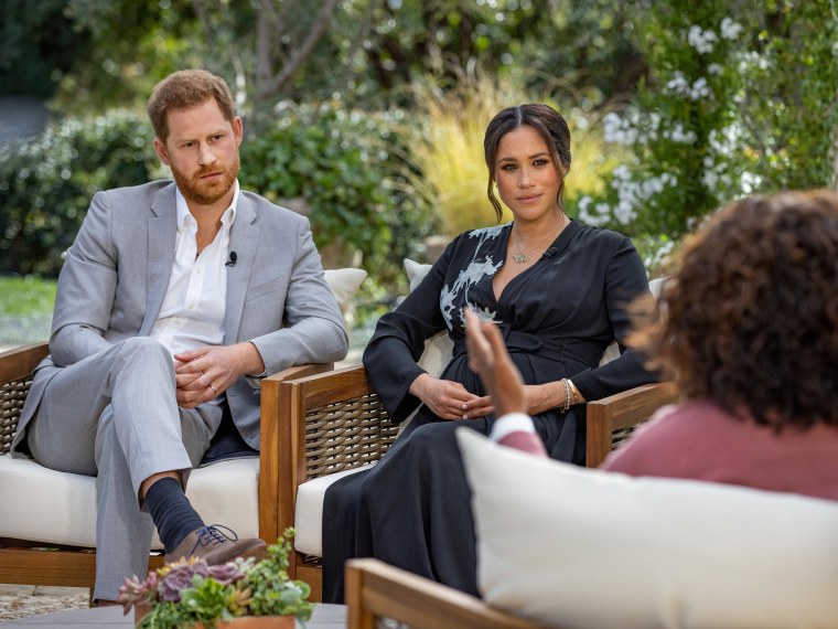 Image: Britain's Prince Harry and Meghan, Duchess of Sussex, are interviewed by Oprah Winfrey.