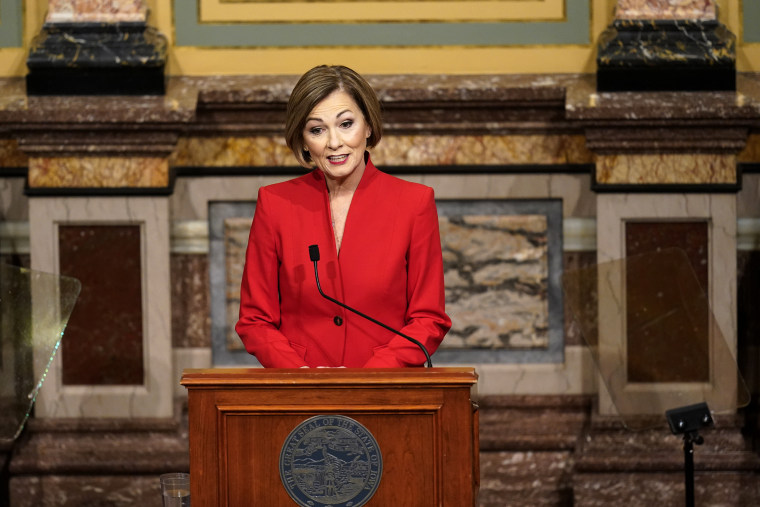 Iowa Gov. Kim Reynolds delivers her Condition of the State address before a joint session of the Iowa Legislature on Jan. 12, 2021