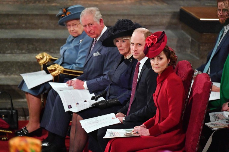 Image: Britain's Queen Elizabeth II, Prince Charles, Prince of Wales, Camilla, Duchess of Cornwall, Prince William, Duke of Cambridge, and Catherine, Duchess of Cambridge sit inside Westminster Abbey as they attend the annual Commonwealth Service