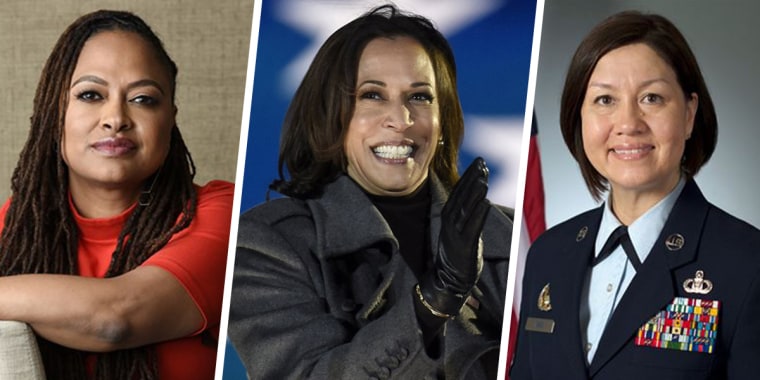 From left to right: Director Ava DuVernay, Vice President Kamala Harris and Chief Master Sergeant of the Air Force JoAnne S.  Bass