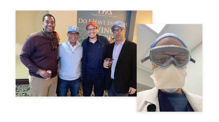 Image: Dr. Vincent Schooler, second from right, at a basketball tournament right before the pandemic was declared; Dr. Schooler in February 2021, dressed in personal protective equipment before performing a patient's endoscopic procedure.