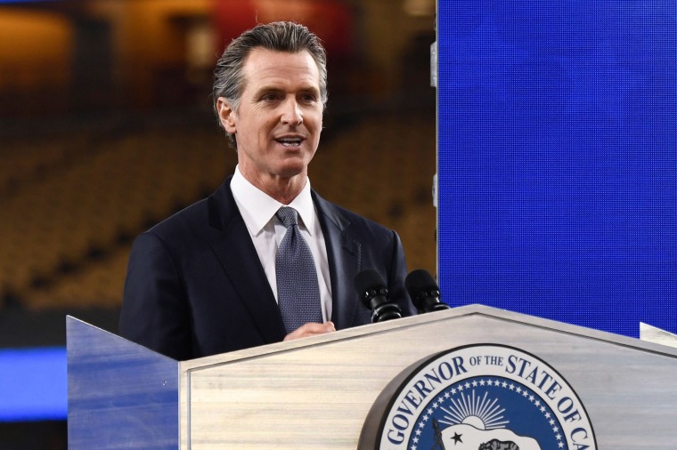 Image: California Governor Gavin Newsom delivers the State of the State address at Dodger Stadium in Los Angeles