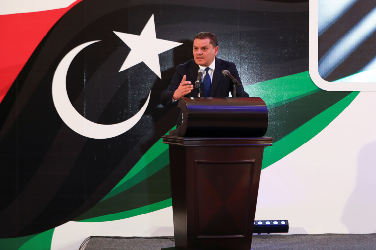 Libya's new Prime Minister Abdulhamid Dbeibeh speaks in Tripoli on Feb. 25, 2021.