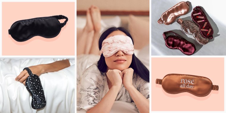 Illustration of different colors of the Slip silk eye sleep mask, and an image of a Woman laying in bed wearing the pink marble eye silk sleep mask