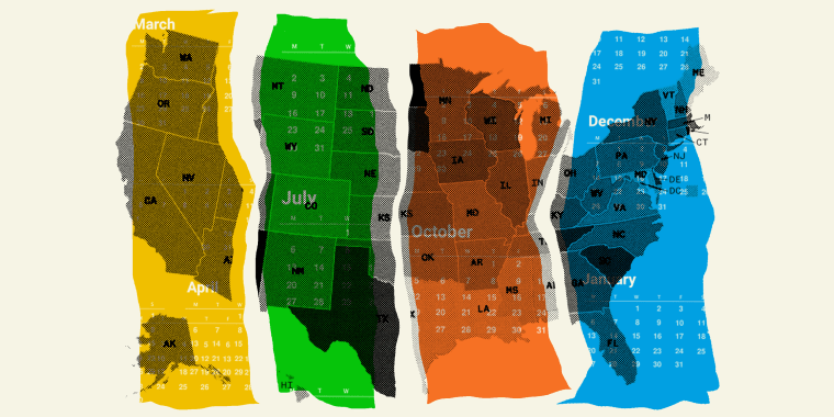 Illustration of United States map where the map is broken up into 4 different sections to indicate the map's season.