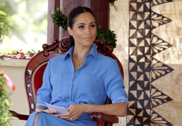 Meghan, Duchess of Sussex talks with students during a visit to Tupou College in Tonga on Oct. 26, 2018.