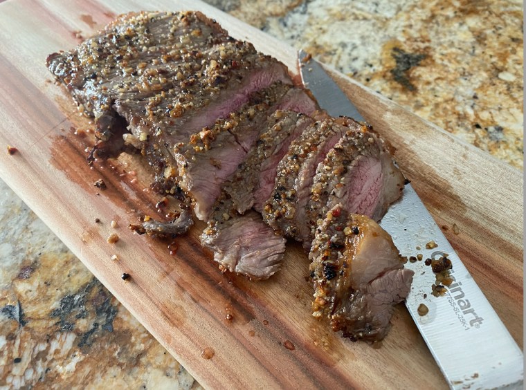 Cook steaks at 400 F for about six minutes — longer if you want doneness beyond medium rare.
